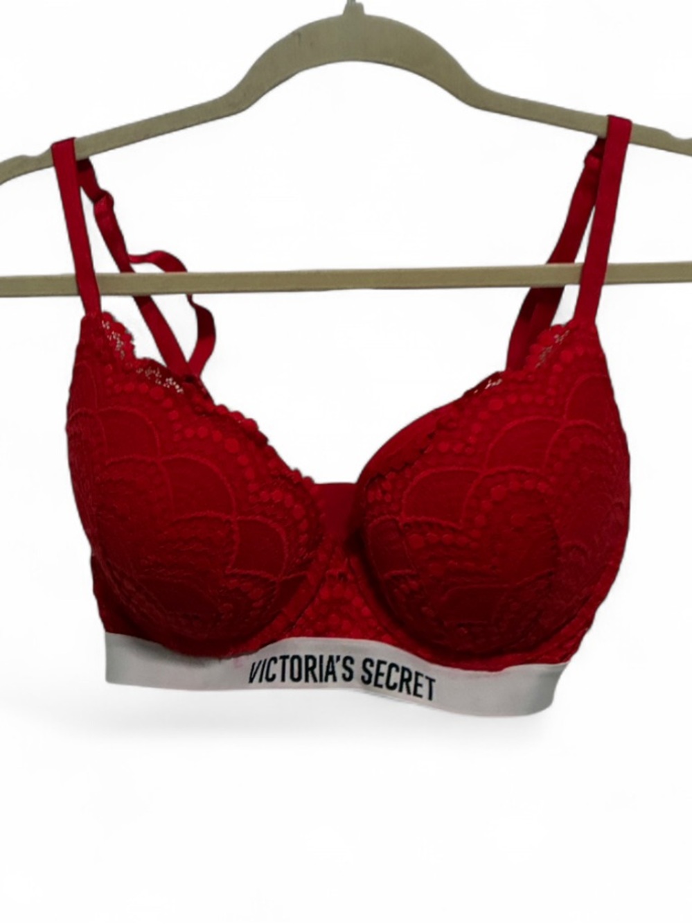 Victoria's Secret Red T-Shirt Push Up Full Coverage Lace Bra with Logo Band